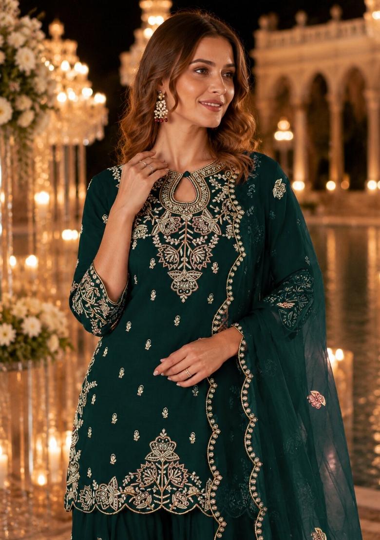 Green Embroidered Silk Salwar Kameez - Indya
