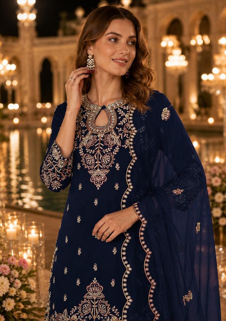 Teal Embroidered Silk Salwar Kameez - Indya