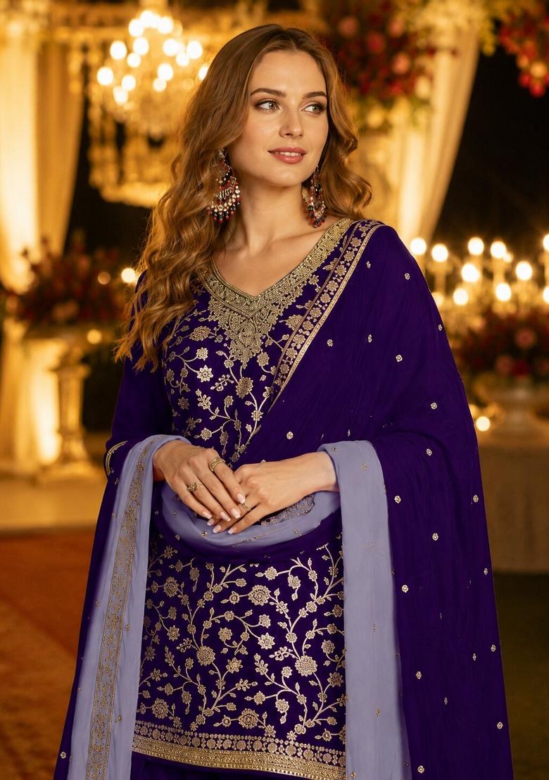 Purple Sequins Silk Salwar Kameez - Indya