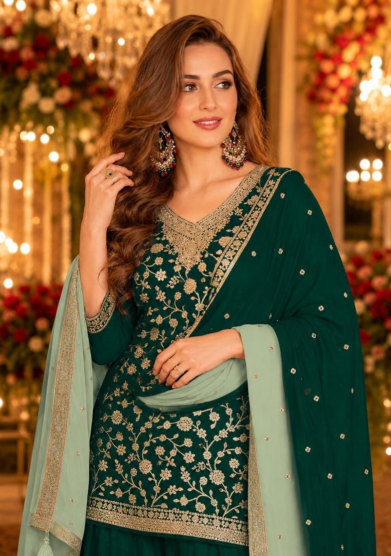 Green Sequins Silk Salwar Kameez - Indya