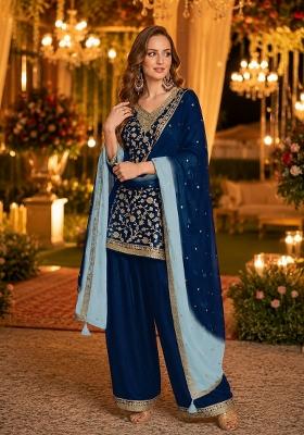 Navy Blue Sequins Silk Salwar Kameez