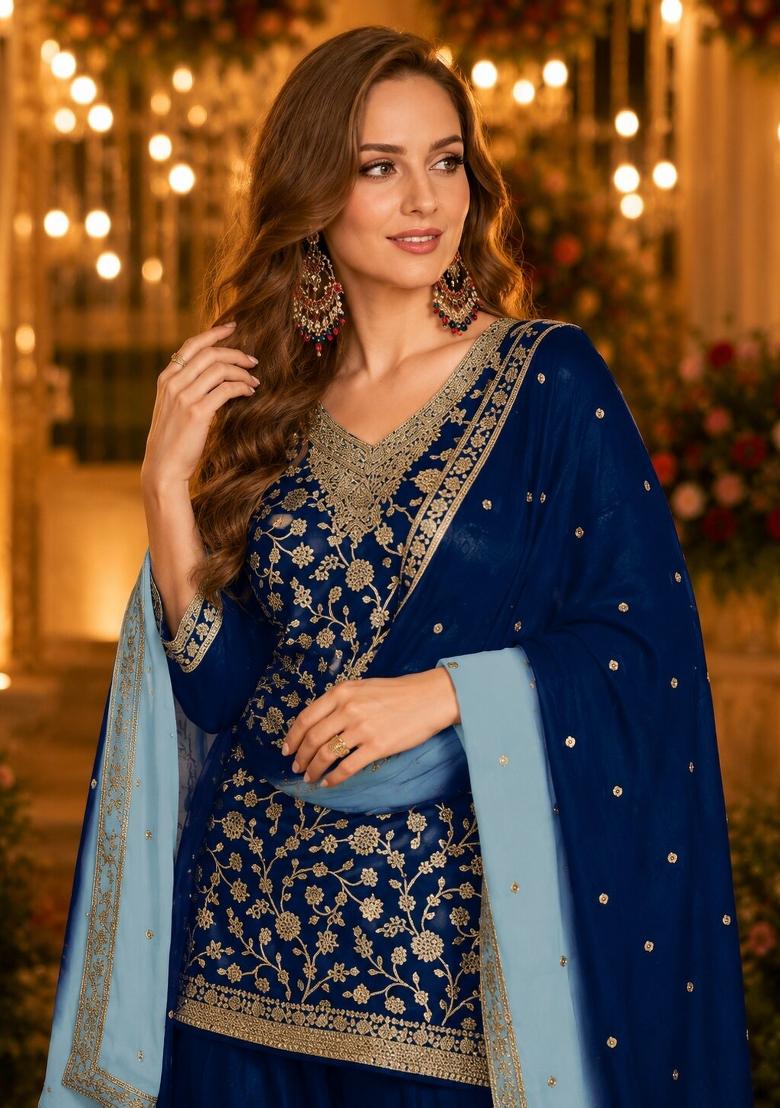 Navy Blue Sequins Silk Salwar Kameez - Indya