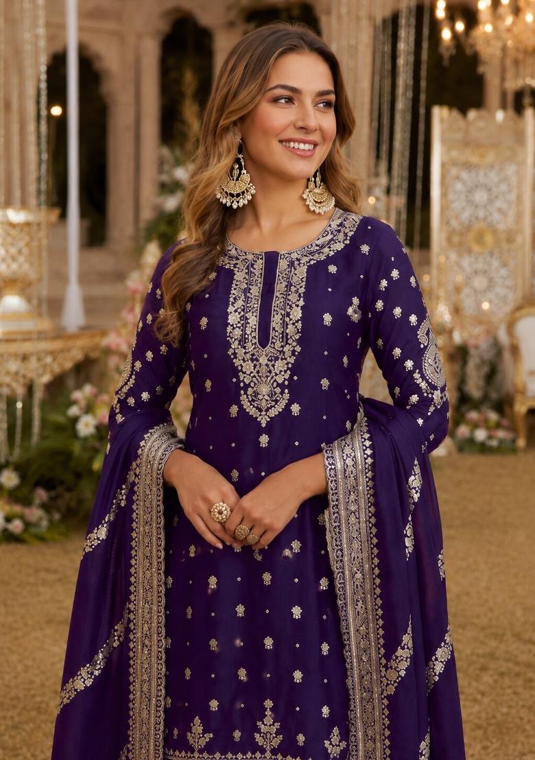 Violet Sequins Silk Salwar Kameez - Indya