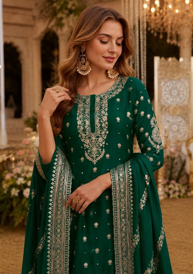 Green Sequins Silk Salwar Kameez - Indya