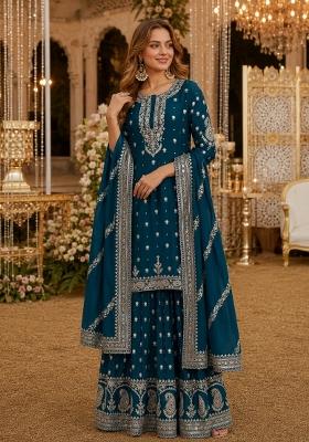 Teal Sequins Silk Salwar Kameez