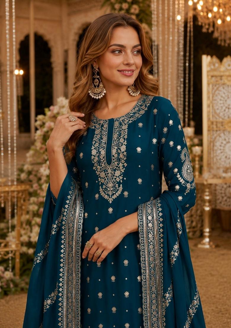 Teal Sequins Silk Salwar Kameez - Indya