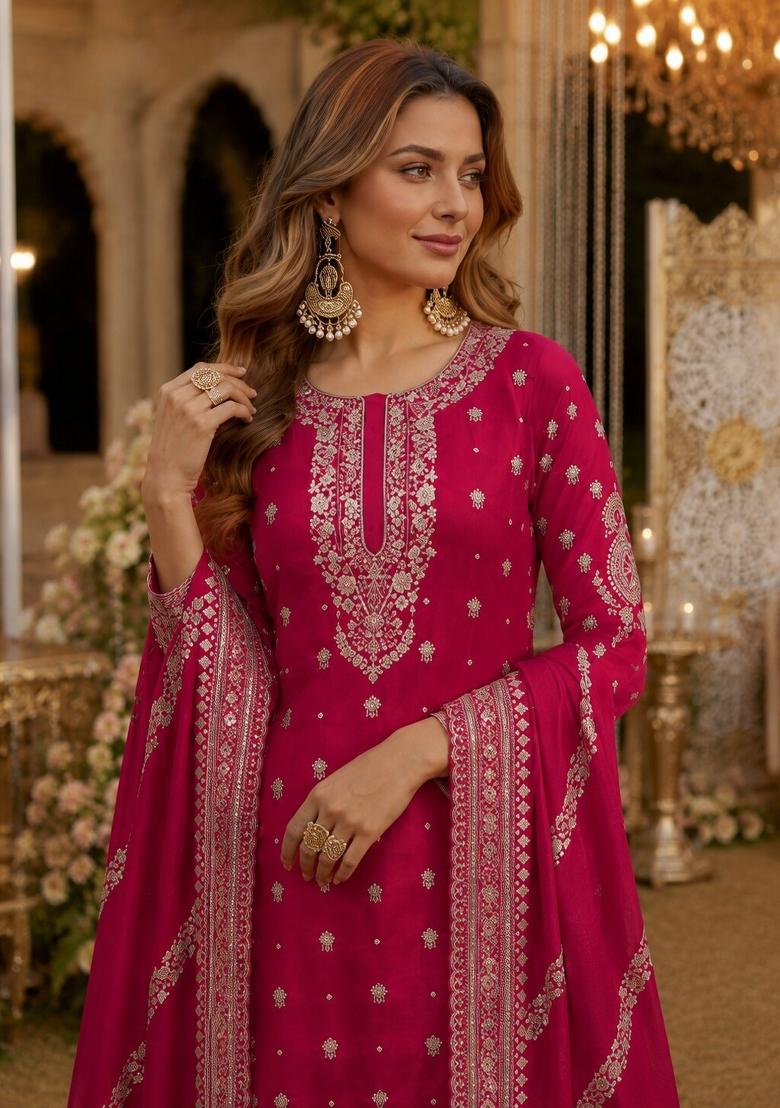 Red Sequins Silk Salwar Kameez - Indya
