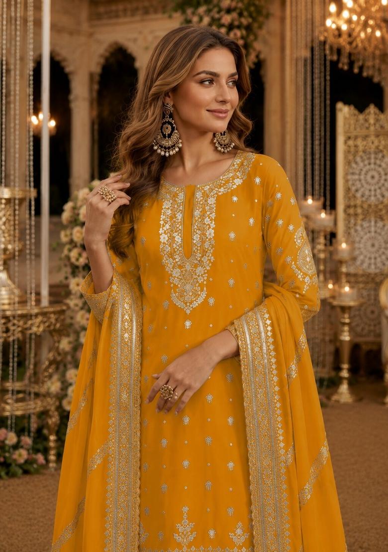 Yellow Sequins Silk Salwar Kameez - Indya