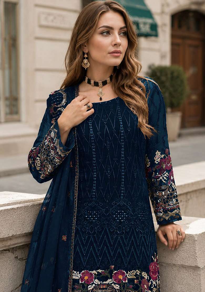 Blue Embroidered Georgette Pakistani Suit - Indya