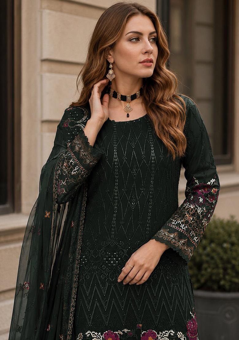 Green Embroidered Georgette Pakistani Suit - Indya