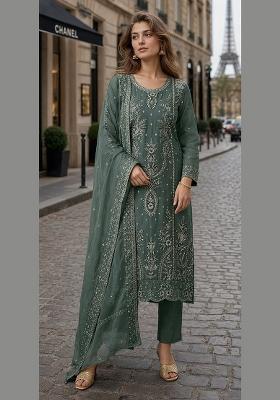 Dark Green Embroidered Organza Salwar Kameez