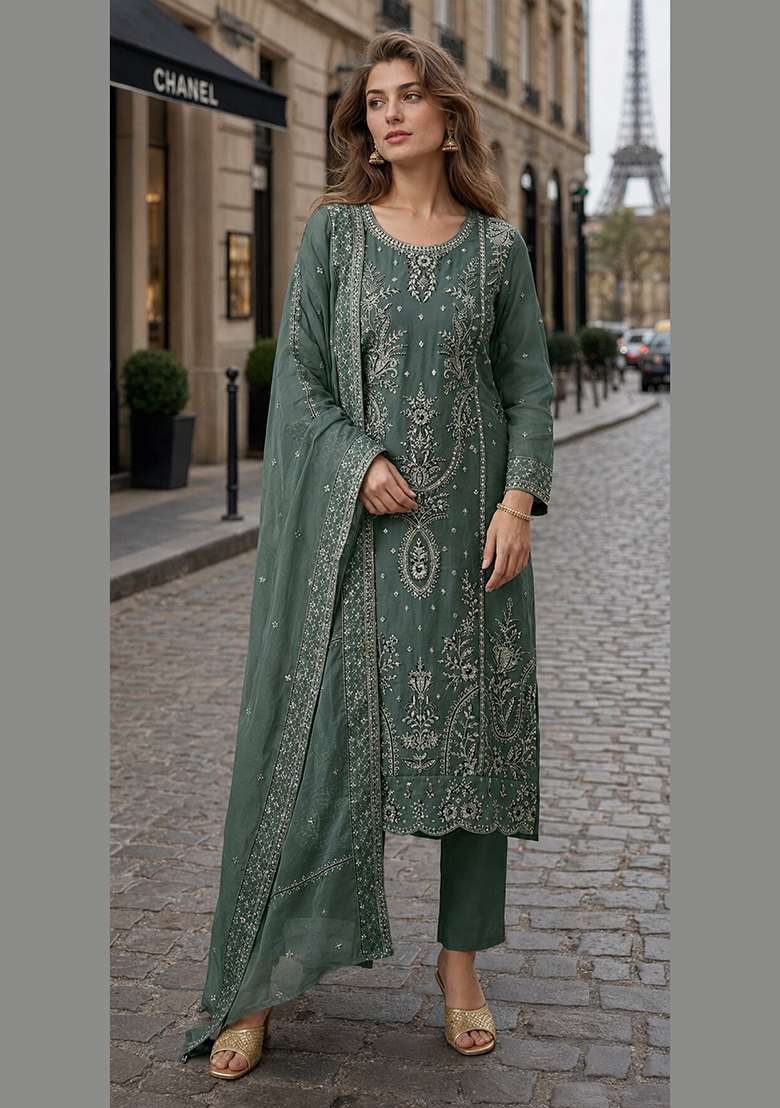 Dark Green Embroidered Organza Salwar Kameez - Indya