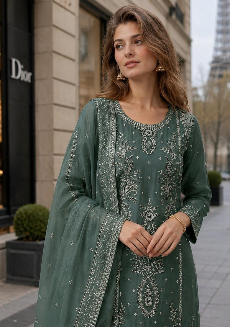 Dark Green Embroidered Organza Salwar Kameez - Indya