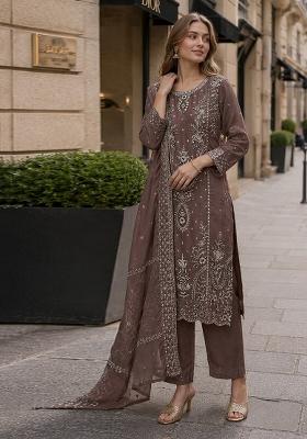 Coffee Embroidered Organza Salwar Kameez
