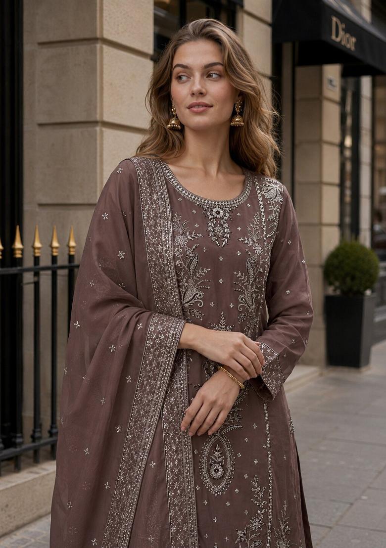 Coffee Embroidered Organza Salwar Kameez - Indya