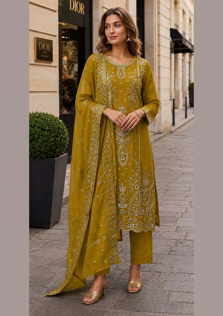 Mustard Embroidered Organza Salwar Kameez - Indya