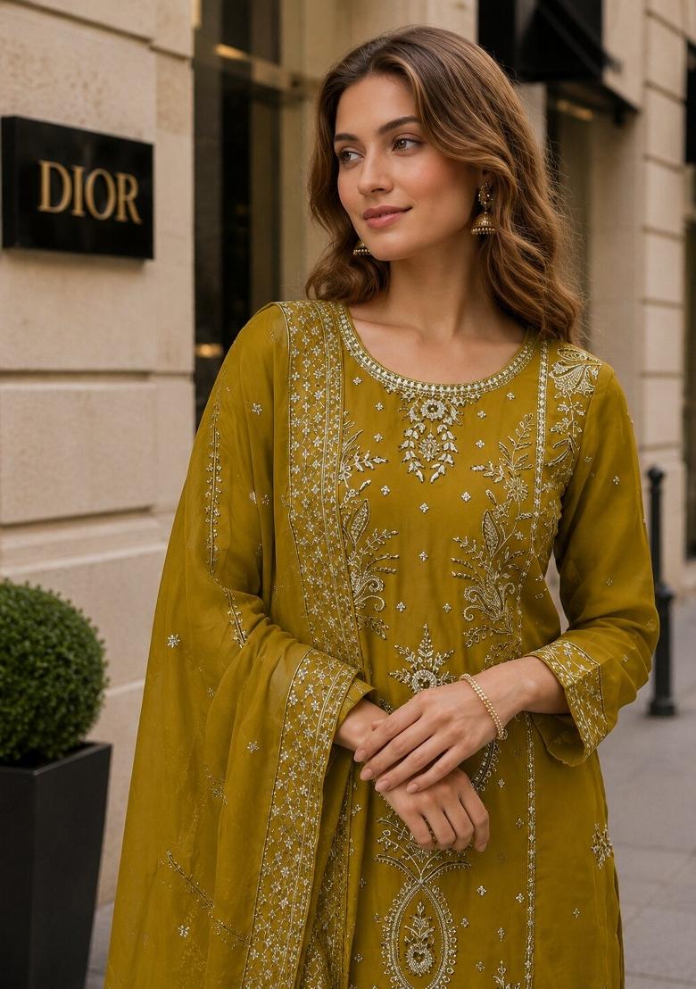 Mustard Embroidered Organza Salwar Kameez - Indya