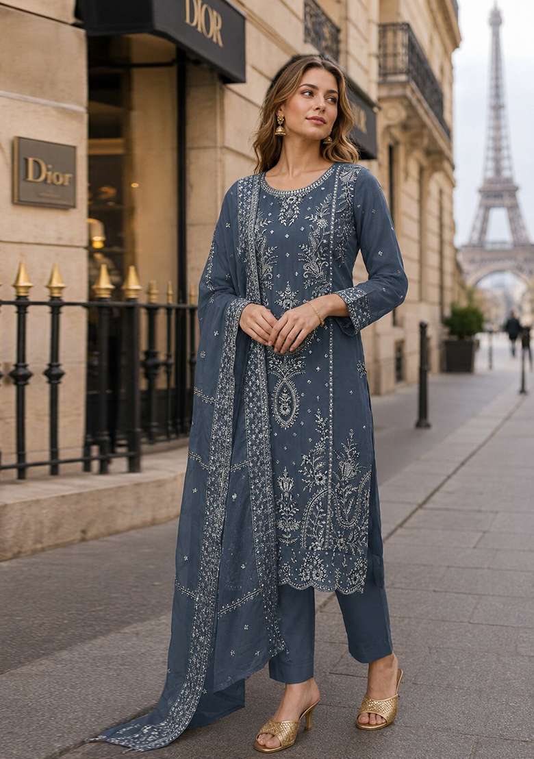 Grey Embroidered Organza Salwar Kameez - Indya