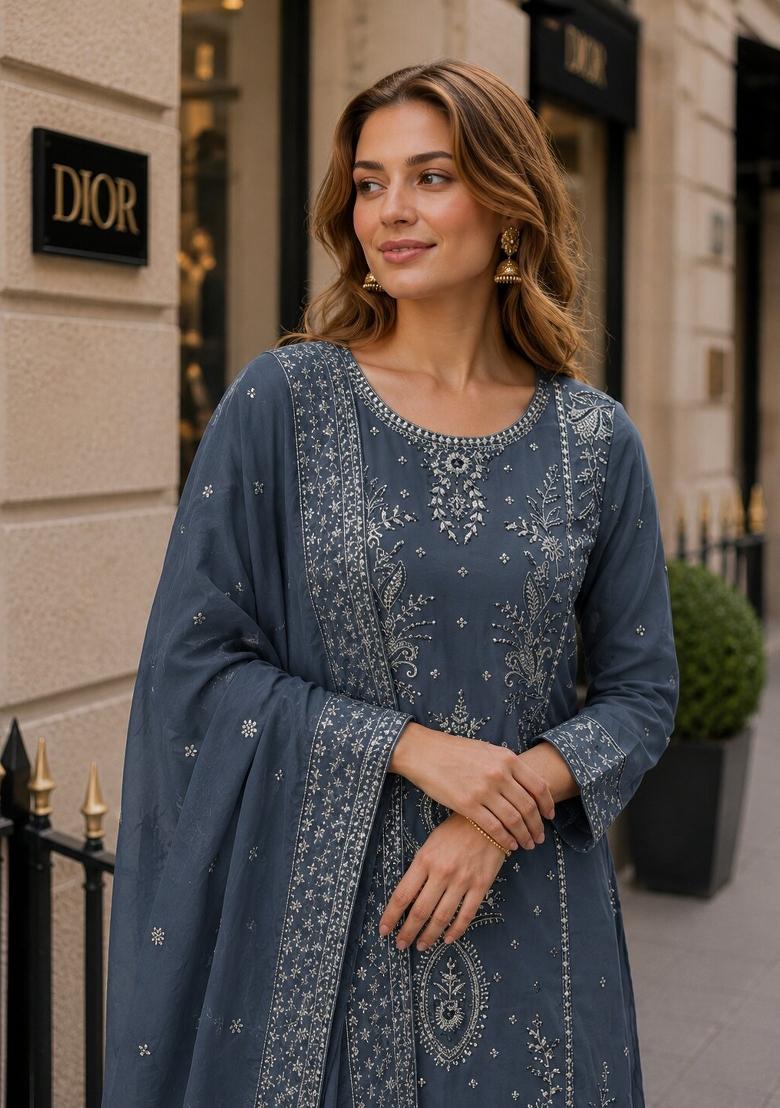 Grey Embroidered Organza Salwar Kameez - Indya
