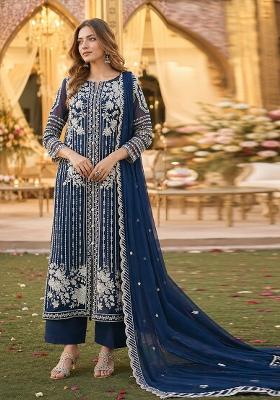 Navy Blue Embroidered Chiffon Salwar Kameez