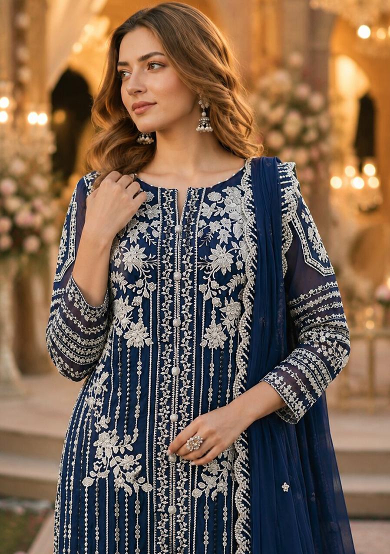 Navy Blue Embroidered Chiffon Salwar Kameez - Indya