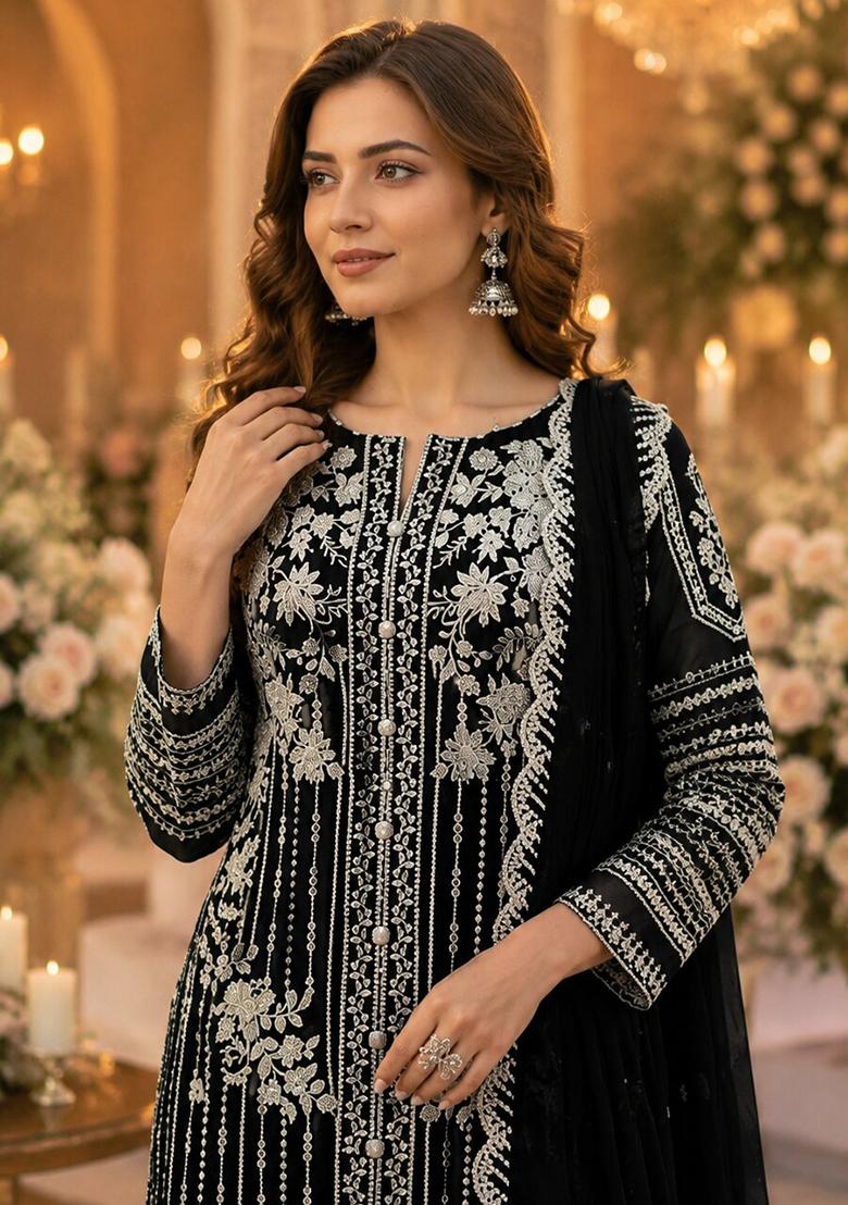 Black Embroidered Chiffon Salwar Kameez - Indya