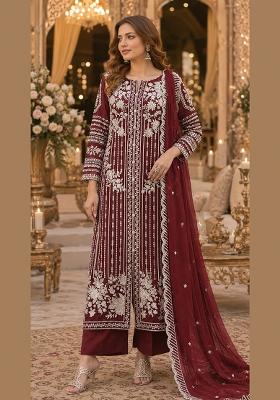 Maroon Embroidered Chiffon Salwar Kameez