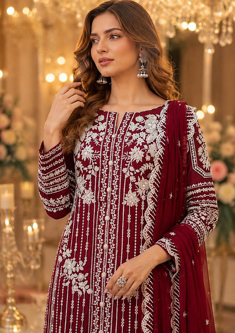 Maroon Embroidered Chiffon Salwar Kameez - Indya