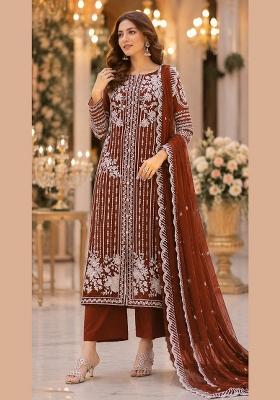 Brown Embroidered Chiffon Salwar Kameez
