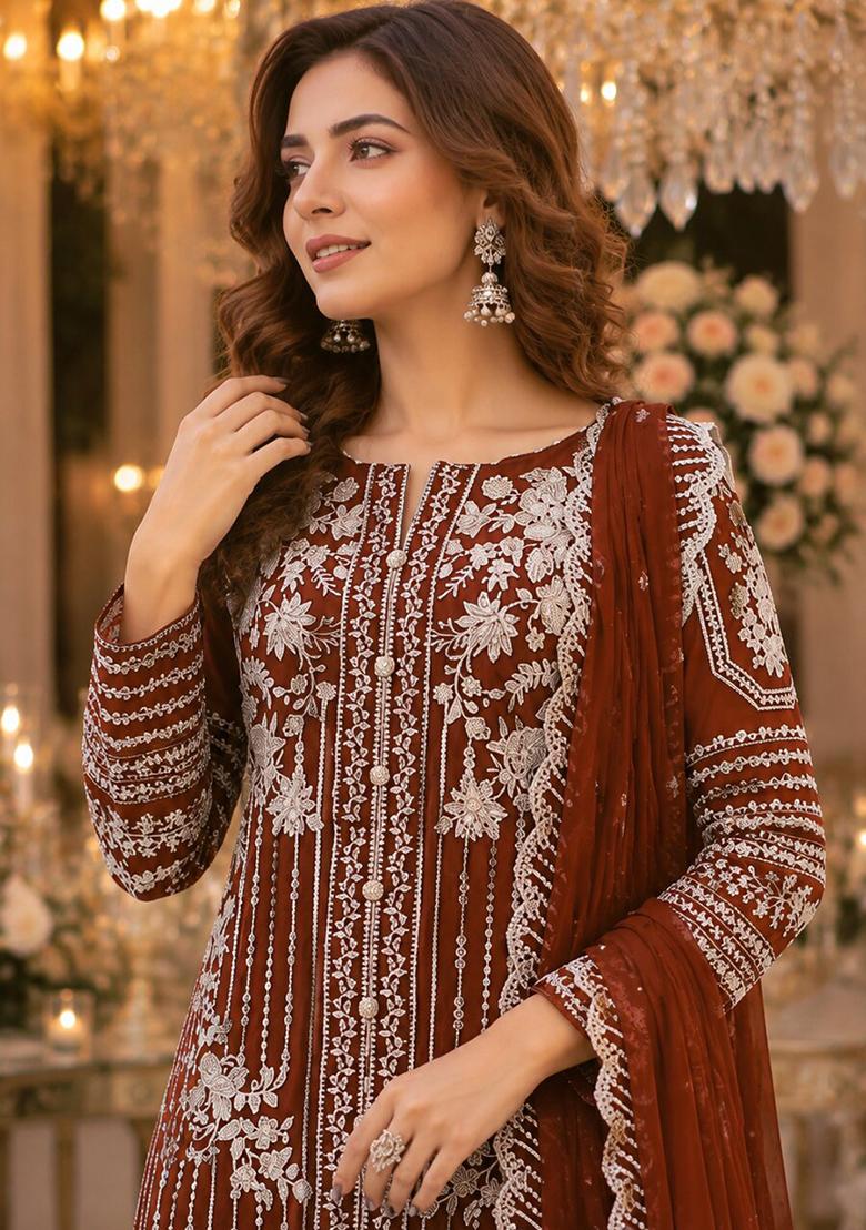 Brown Embroidered Chiffon Salwar Kameez - Indya