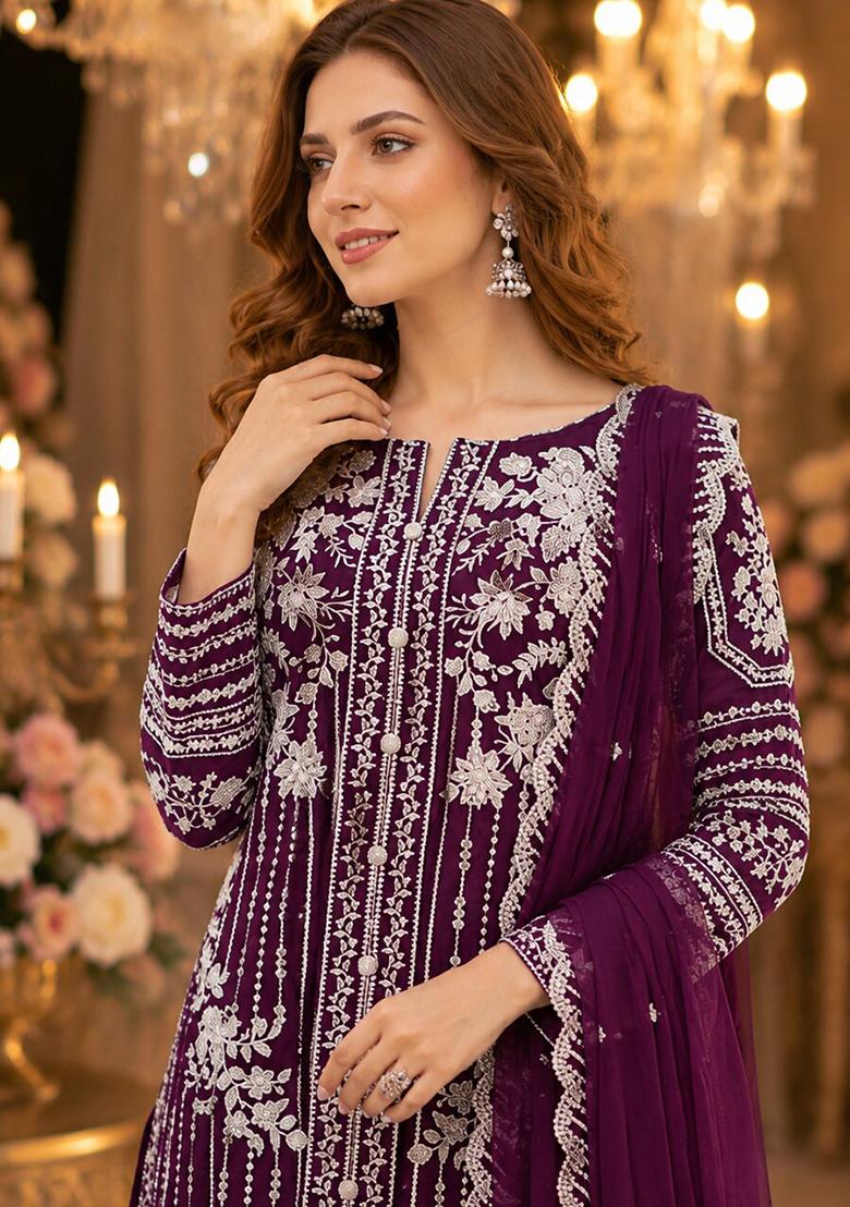 Purple Embroidered Chiffon Salwar Kameez - Indya