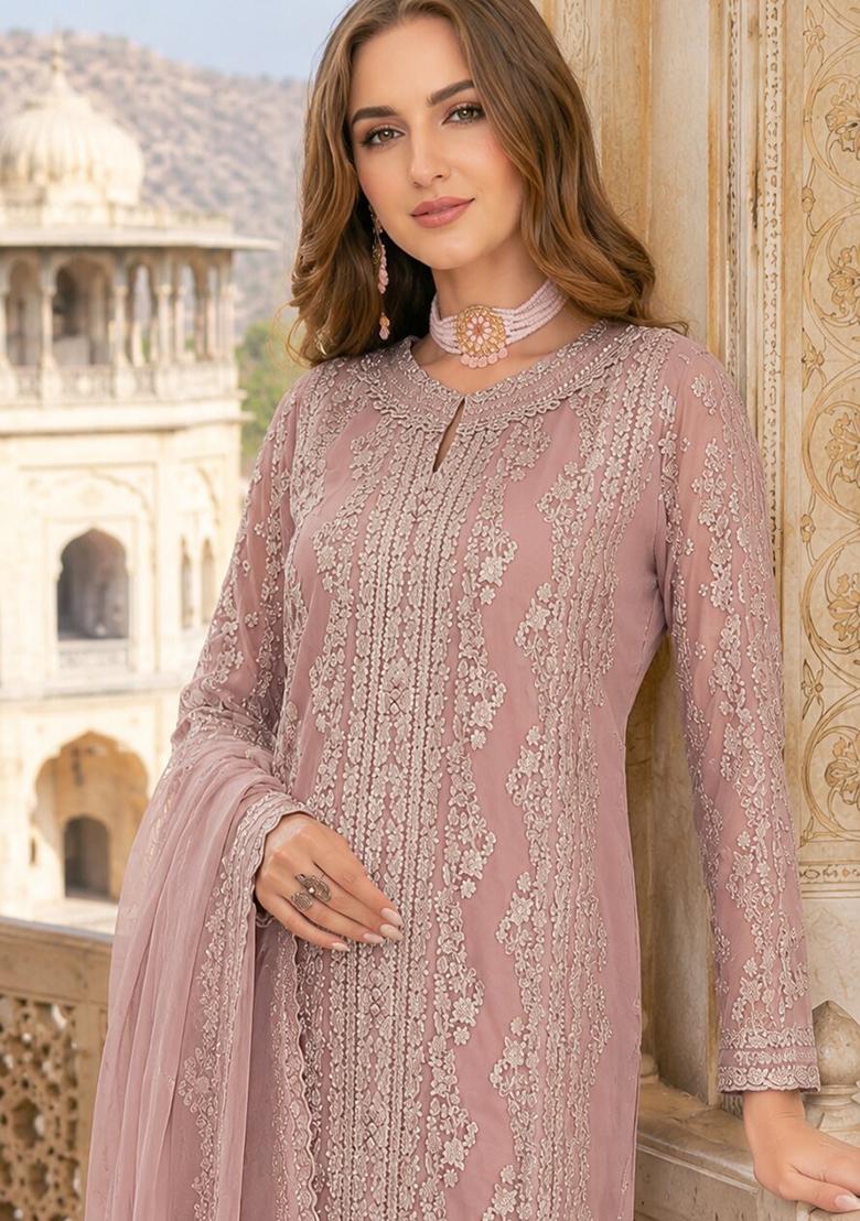 Peach Embroidered Chiffon Salwar Kameez - Indya