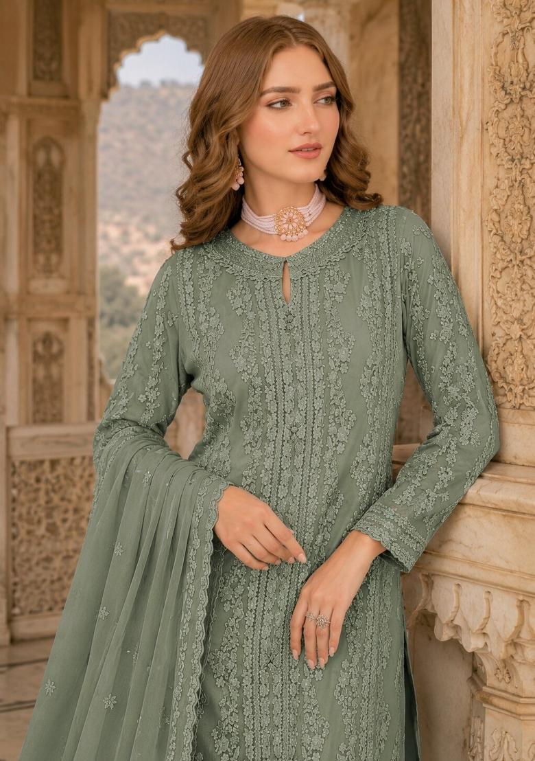 Green Embroidered Chiffon Salwar Kameez - Indya