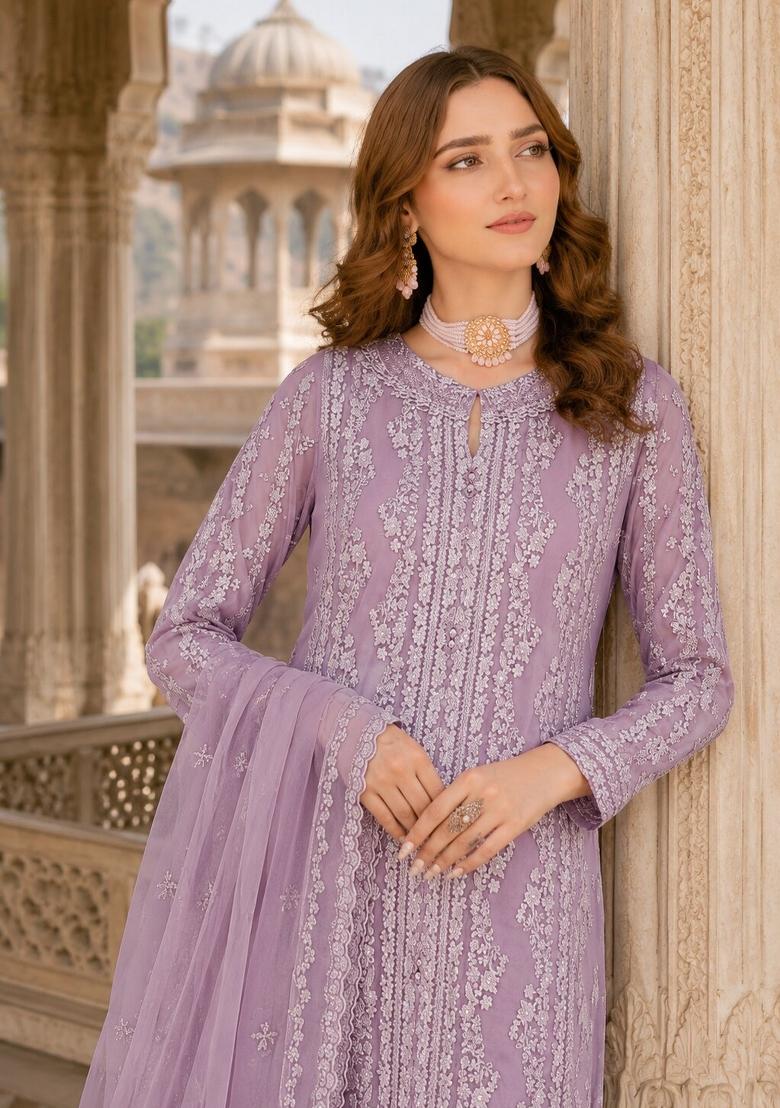 Lavender Embroidered Chiffon Salwar Kameez - Indya
