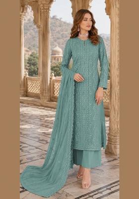 Aqua Blue Embroidered Chiffon Salwar Kameez
