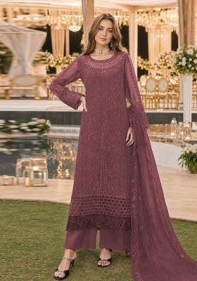 Dark Peach Embroidered Chiffon Salwar Kameez