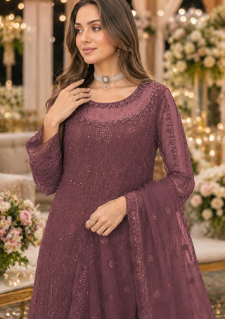 Dark Peach Embroidered Chiffon Salwar Kameez - Indya