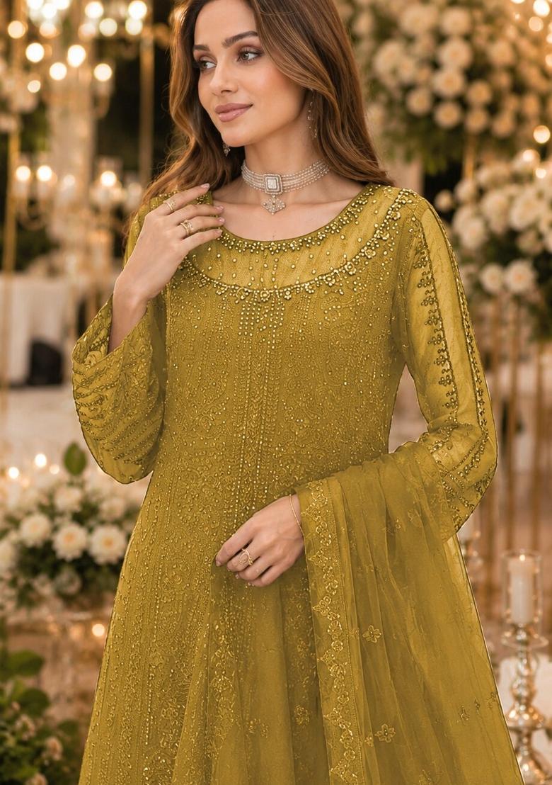 Mustard Embroidered Chiffon Salwar Kameez - Indya