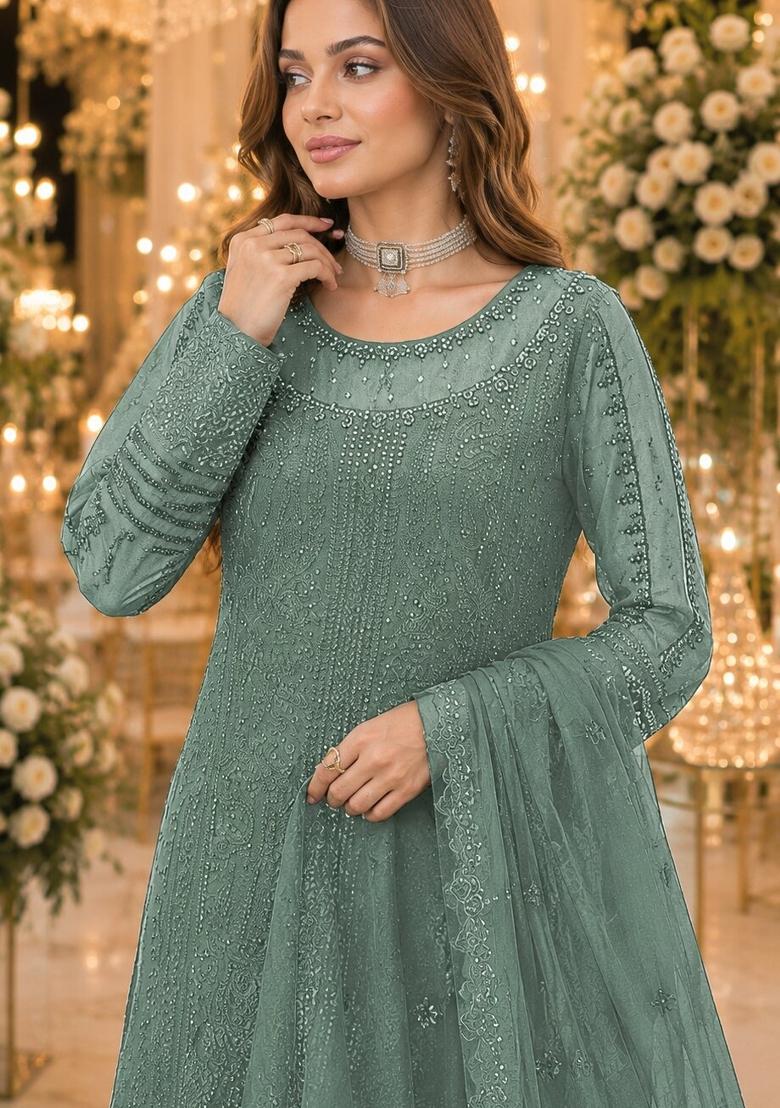 Sea Green Embroidered Chiffon Salwar Kameez - Indya