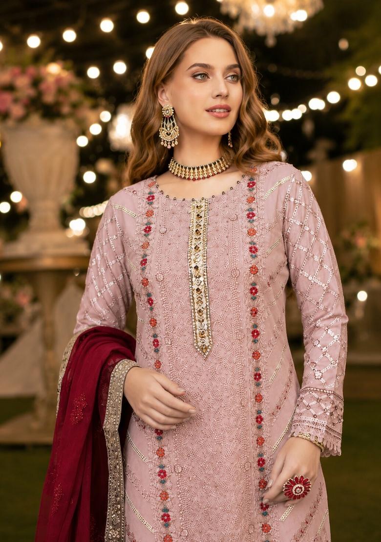 Pink Embroidered Chiffon Salwar Kameez - Indya