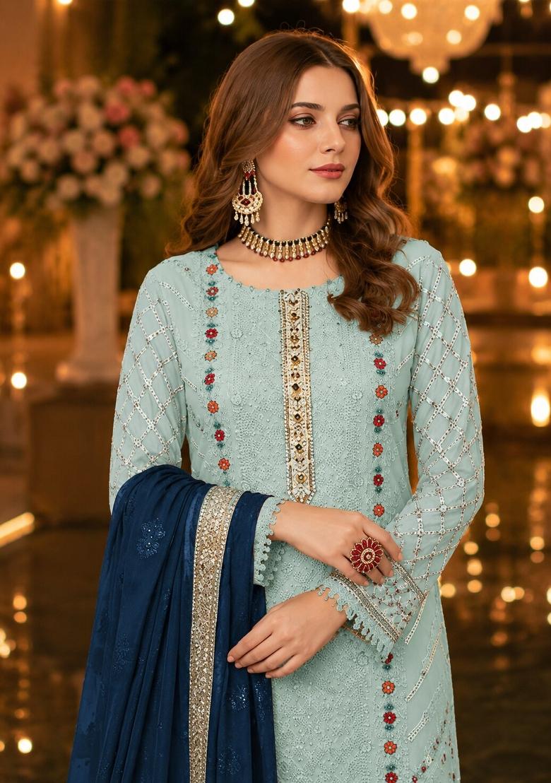 Blue Embroidered Chiffon Salwar Kameez - Indya