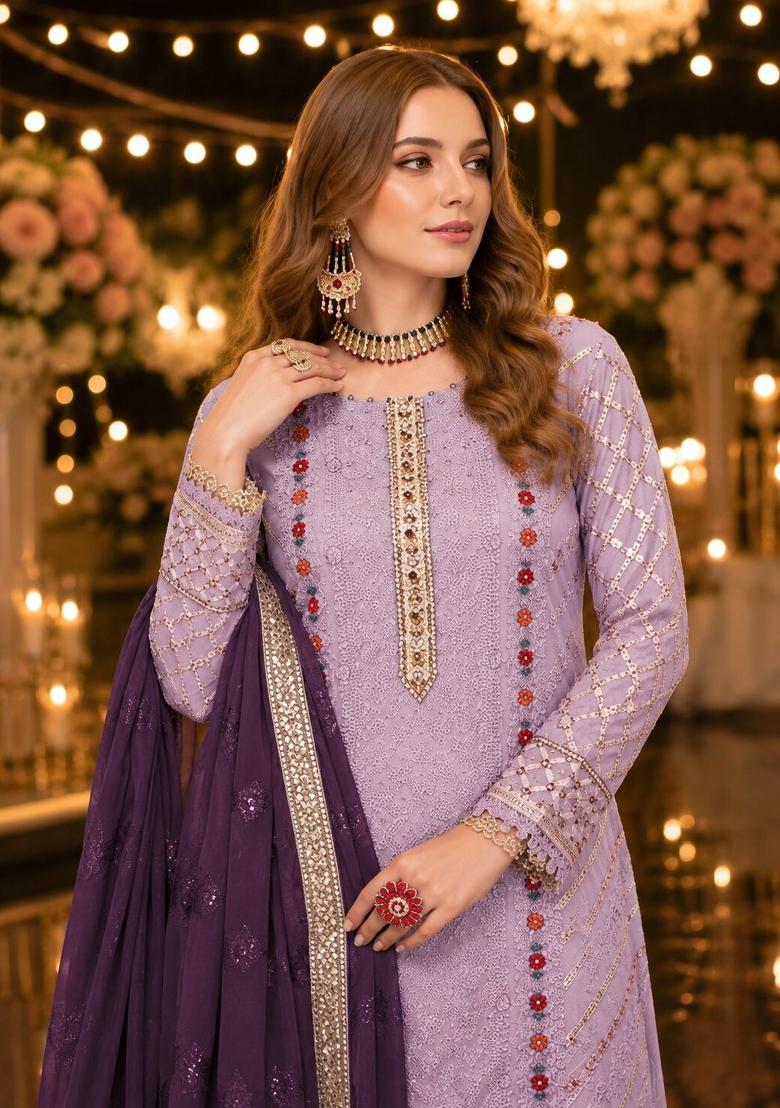 Lavender Embroidered Chiffon Salwar Kameez - Indya