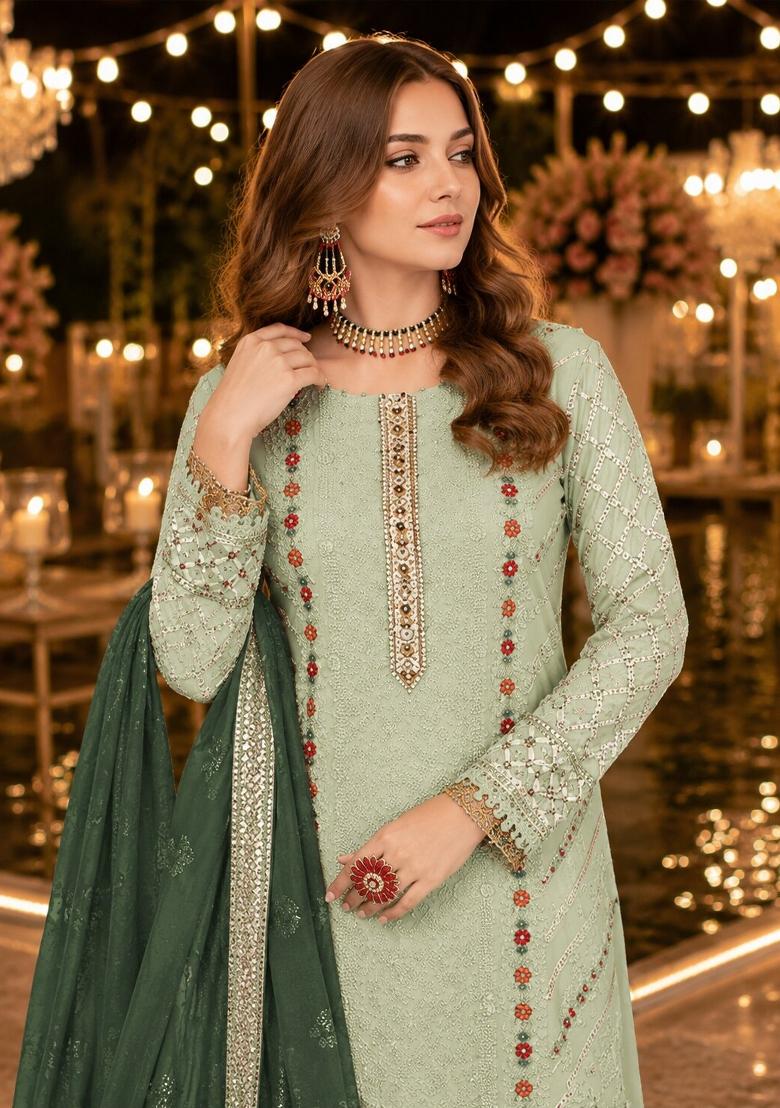 Green Embroidered Chiffon Salwar Kameez - Indya