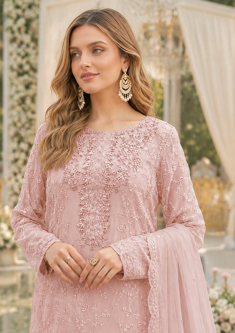 Pink Embroidered Chiffon Salwar Kameez - Indya
