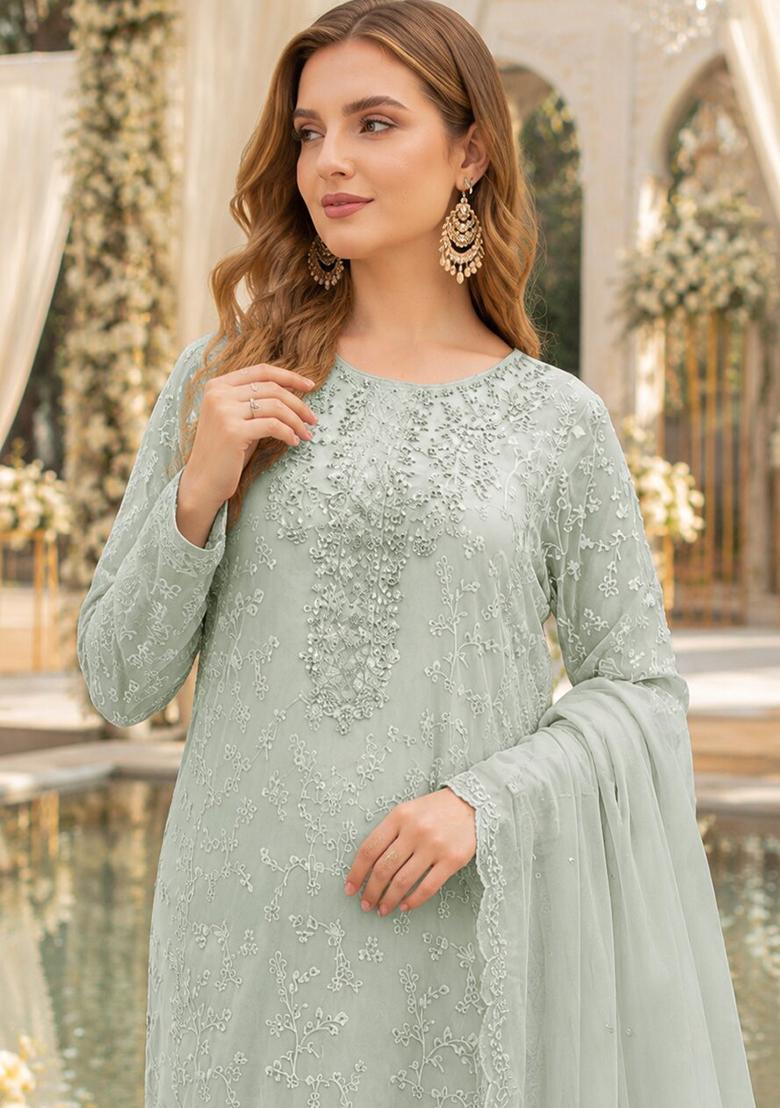 Sea Green Embroidered Chiffon Salwar Kameez - Indya