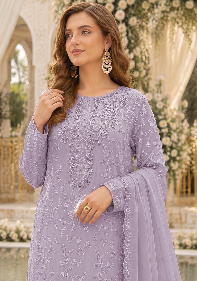 Lavender Embroidered Chiffon Salwar Kameez - Indya