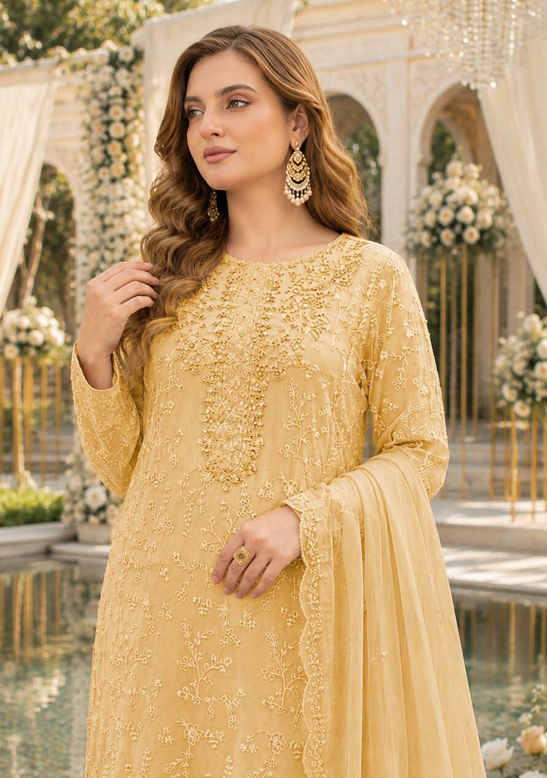 Yellow Embroidered Chiffon Salwar Kameez - Indya