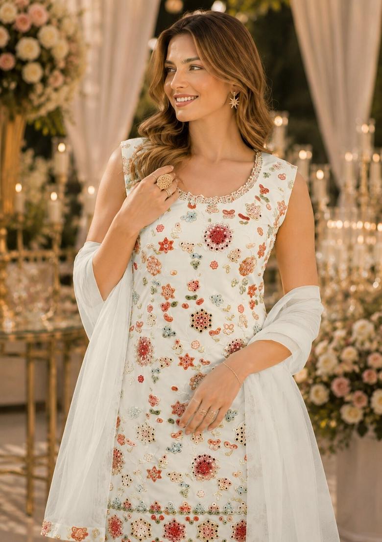 White Embroidered Georgette Salwar Kameez - Indya