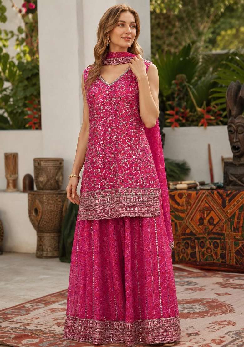 Rani Pink Embroidered Georgette Kurta Set - Indya