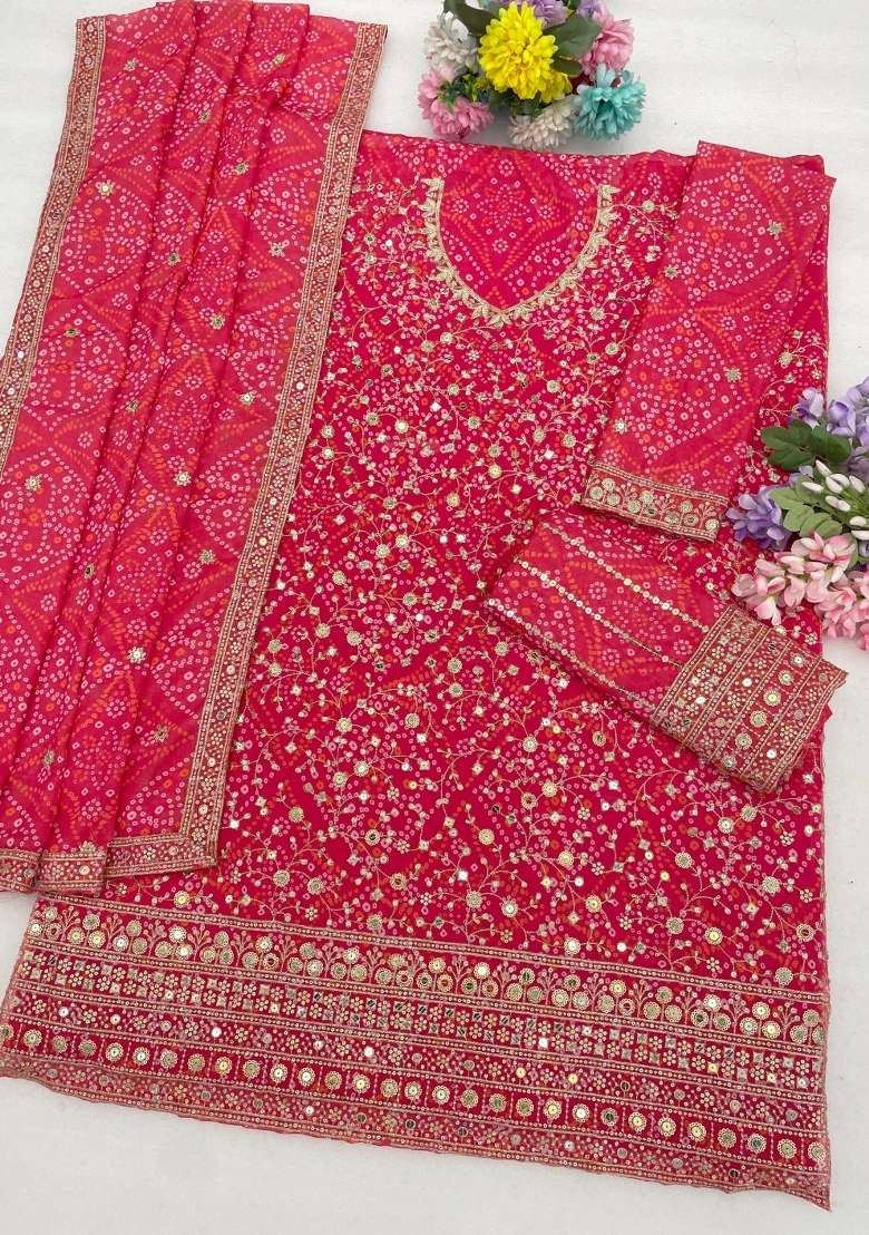 Rani Pink Embroidered Georgette Kurta Set - Indya